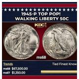 1945-p Walking Liberty Half Dollar TOP POP! 50c ms