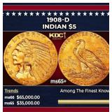 1908-d Gold Indian Half Eagle $5 ms65+ USCG