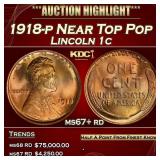 1918-p Lincoln Cent Near Top Pop 1c ms67+ rd SEGS