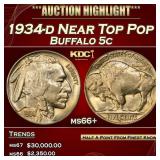 1934-d Buffalo Nickel Near Top Pop 5c ms66+ SEGS