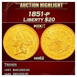 1851-p Gold Liberty Double Eagle $20 ms62 USCG