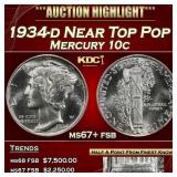1934-d Mercury Dime Near Top Pop 10c ms67+ fsb SEG