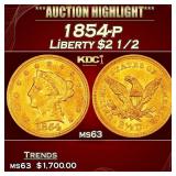 1854-p Gold Liberty Quarter Eagle $2 1/2 ms63 USCG