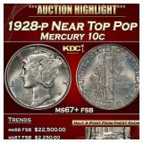1928-p Mercury Dime Near Top Pop 10c ms67+ fsb SEG