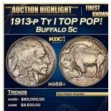 1913-p Ty I Buffalo Nickel TOP POP! 5c ms68+ SEGS