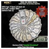 5x 1953 $2 Red Seal United States Note Heavily Cir