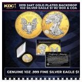 2019 24KT Gold Plated Backdrop 1oz Silver Eagle $1