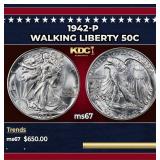 1942-p Walking Liberty Half Dollar 50c ms67 SEGS