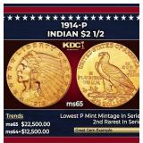 1914-p Gold Indian Quarter Eagle $2 1/2 ms65 SEGS