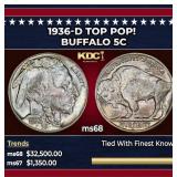 1936-d Buffalo Nickel TOP POP! 5c ms68 SEGS