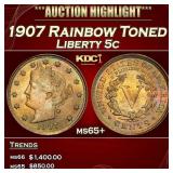 1907 Liberty Nickel Rainbow Toned 5c ms65+ SEGS