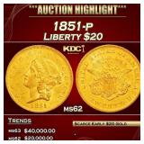 1851-p Gold Liberty Double Eagle $20 ms62 USCG