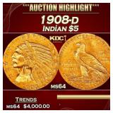 1908-d Gold Indian Half Eagle $5 ms64 USCG