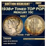 1938-p Mercury Dime Toned TOP POP! 10c ms68+ FSB S