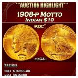 1908-p Motto Gold Indian Eagle $10 ms64+ SEGS