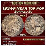 1934-p Buffalo Nickel Near Top Pop 5c ms67 SEGS