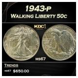 1943-p Walking Liberty Half Dollar 50c ms67 SEGS