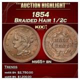 1854 Braided Hair Half Cent 1/2c ms65+ bn SEGS