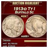 1913-d Ty I Buffalo Nickel 5c ms66+ SEGS
