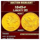1845-p Gold Liberty Half Eagle $5 ms62+ USCG