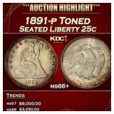 1891-p Seated Liberty Quarter Toned 25c ms66+ SEGS