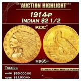1914-p Gold Indian Quarter Eagle $2 1/2 ms65+ SEGS