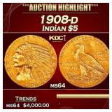 1908-d Gold Indian Half Eagle $5 ms64 USCG