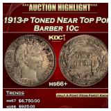 1913-p Barber Dime Toned Near Top Pop 10c ms66+ SE