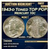 1943-d Mercury Dime Toned TOP POP! 10c ms68+ FSB S
