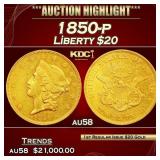 1850-p Gold Liberty Double Eagle $20 au58 SEGS
