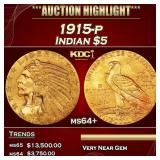 1915-p Gold Indian Half Eagle $5 ms64+ USCG