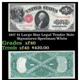 1917 $1 Large Size Legal Tender Note Grades xf Sig