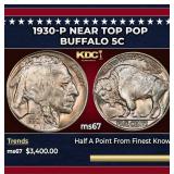 1930-p Buffalo Nickel Near Top Pop 5c ms67 SEGS
