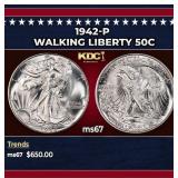 1942-p Walking Liberty Half Dollar 50c ms67 SEGS