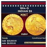 1914-d Gold Indian Half Eagle $5 ms64+ USCG