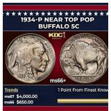 1934-p Buffalo Nickel Near Top Pop 5c ms66+ SEGS
