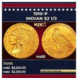 1910-p Gold Indian Quarter Eagle $2 1/2 ms65 SEGS
