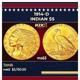 1914-d Gold Indian Half Eagle $5 ms63 USCG