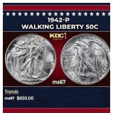 1942-p Walking Liberty Half Dollar 50c ms67 SEGS
