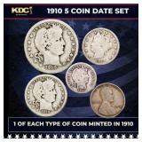 1910 5 Coin Date Set, 1 Of Each Type Of Coin Minte