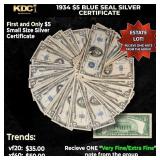 1x 1934 $5 Blue Seal Silver Certificate Grades VF/