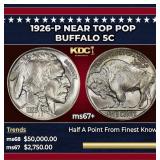 1926-p Buffalo Nickel Near Top Pop 5c ms67+ SEGS