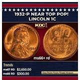 1932-p Lincoln Cent Near Top Pop! 1c ms66+ rd SEGS
