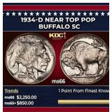 1934-d Buffalo Nickel Near Top Pop 5c ms66 SEGS