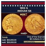 1912-s Gold Indian Half Eagle $5 ms63+ USCG