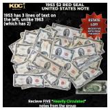 5x 1953 $2 Red Seal United States Note Heavily Cir