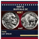 1937-d Buffalo Nickel 5c ms67 SEGS