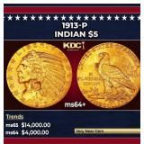 1913-p Gold Indian Half Eagle $5 ms64+ USCG
