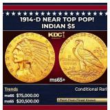 1914-d Gold Indian Half Eagle Near Top Pop! $5 ms6