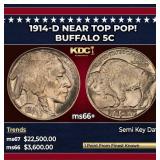 1914-d Buffalo Nickel Near Top Pop! 5c ms66+ SEGS